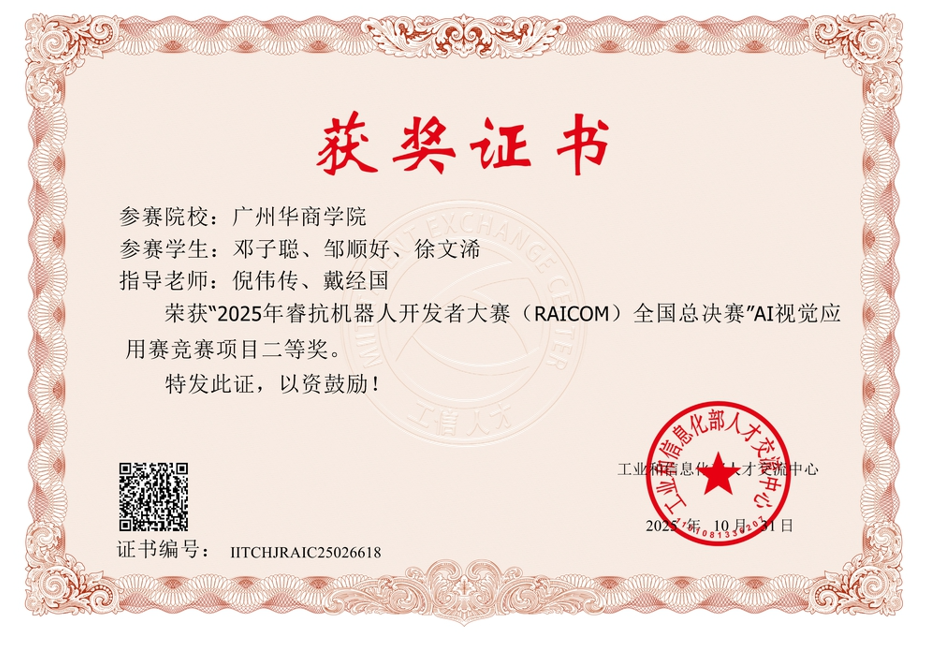 RAICOM全国总决赛二等奖获奖证书